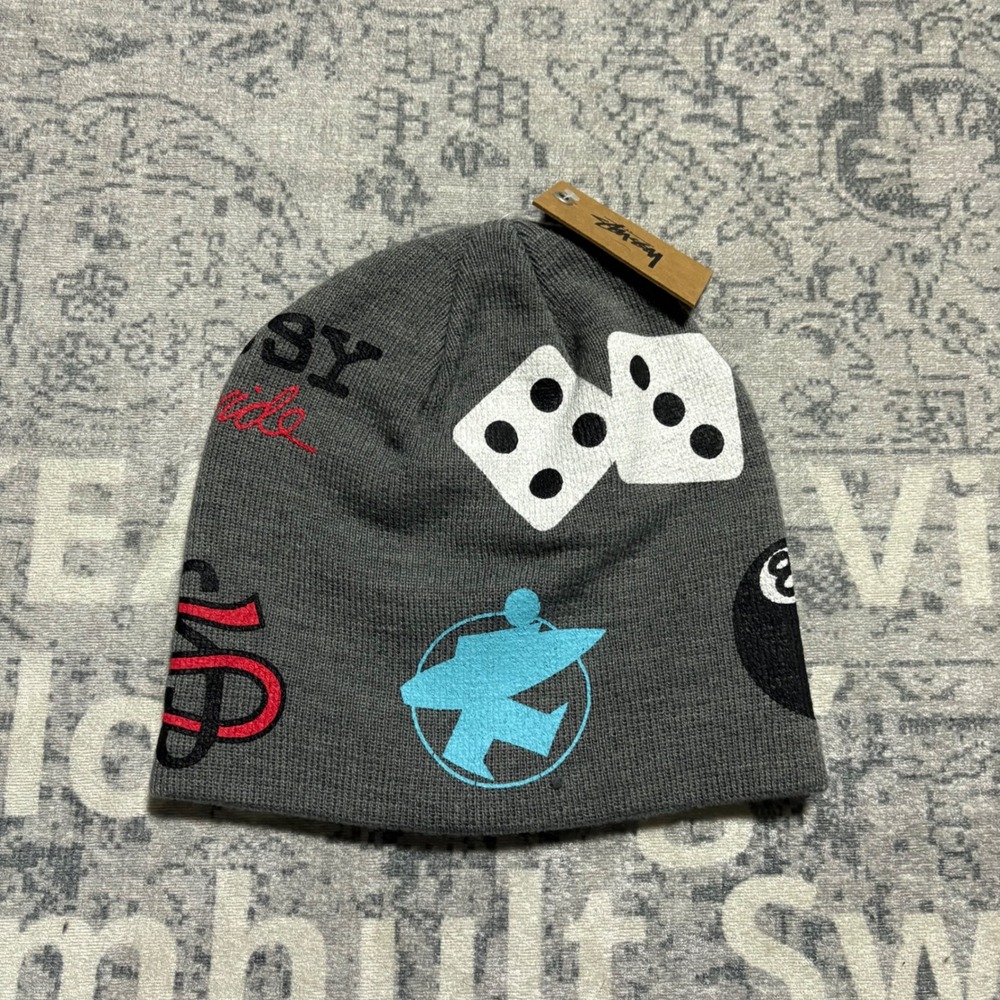 Stussy Mixed Logo Skullcap Beanie Hat Mens Grey 8-Ball Dice NWT 1321197 OSFA